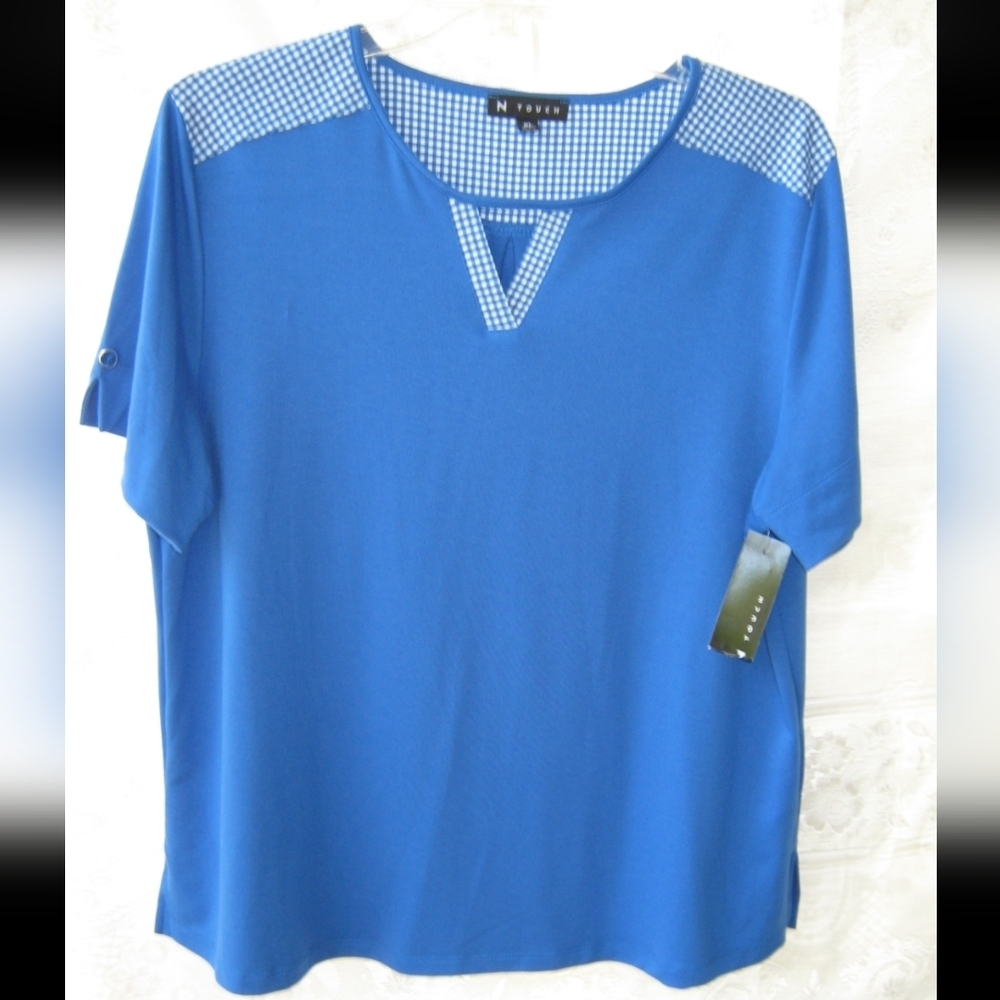 NTouch Royal Bowie Blue Top With Gingham Trim Size‎ XL